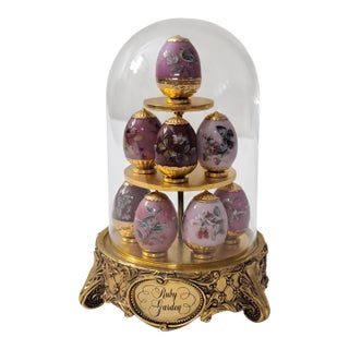 Late 20th Century House of Fabergé Ruby Garden Miniature Eggs Dome Display For Sale