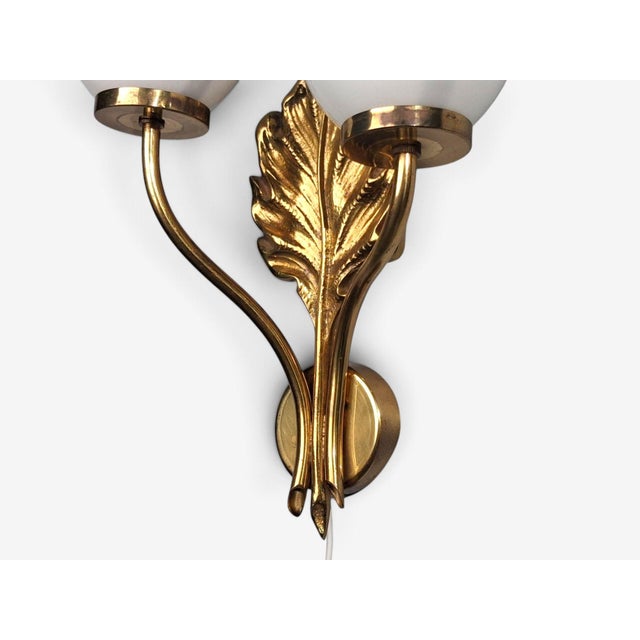 Brass 1950s Swedish Modern, Double Wall Light, Brass, Opaline Glass For Sale - Image 8 of 10
