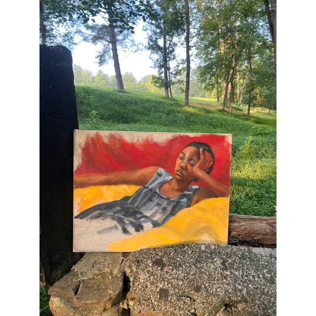 Yellow Vintage Original Modernist Figurative Painting Reclining Woman Red Yellow Abstract Art Mid Century For Sale - Image 8 of 8