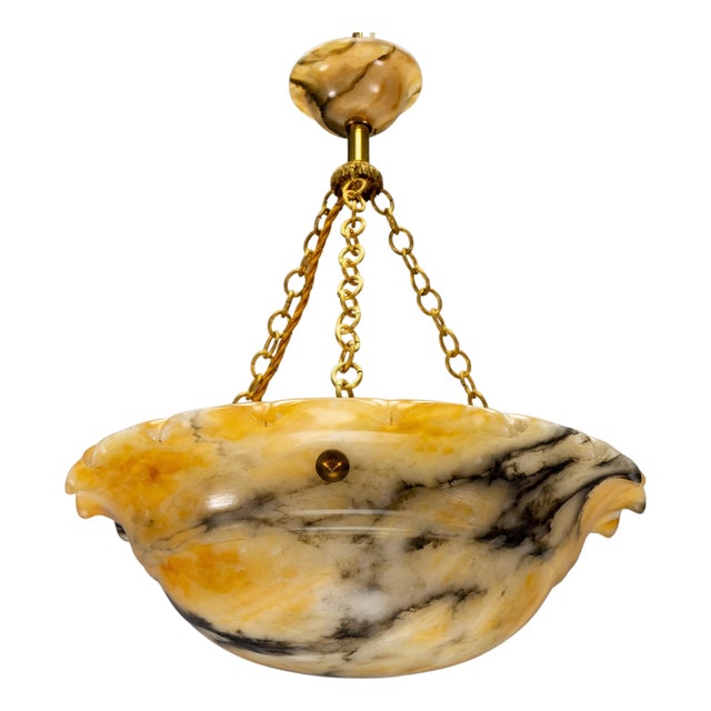 French Art Deco Yellow Alabaster Pendant with Dark Veining & Brass, 1920s For Sale