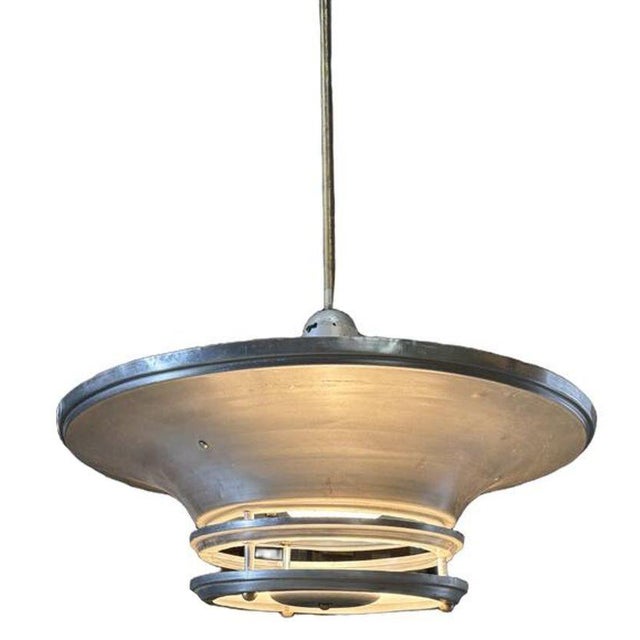 1930s Art Deco Machine Age Spun Aluminum 23" 2 Ring Pendant Light, 2 Available For Sale - Image 4 of 8