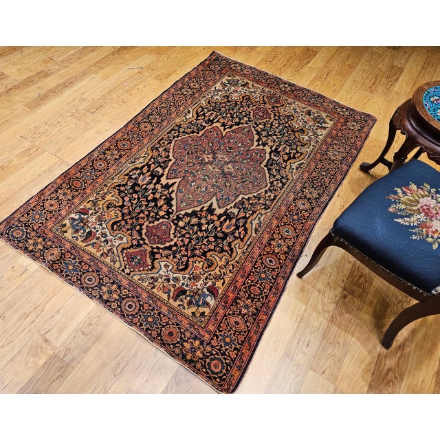 19th Century 19th Century Persian Farahan Sarouk Rug, Hand-Knotted Wool, Floral Pattern, Navy & Plum Red, 4x6 For Sale - Image 5 of 18