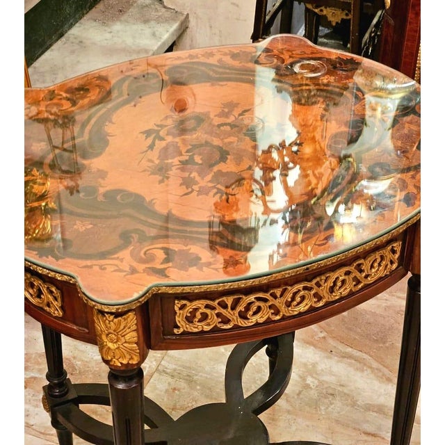 French French Style Wood Side Table With Glass Top, Bronze Accents & Gold Leaf Details For Sale - Image 3 of 6