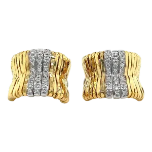 Orlandini Signed 18K Two Tone Gold Ribbed Bar Hug Hoop Earrings with Round Cut D