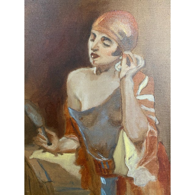 Contemporary Oil on Canvas Painting of a Art Deco Woman in Sheer Clothing. In brown, burgundy and grey tones. Displaying a...