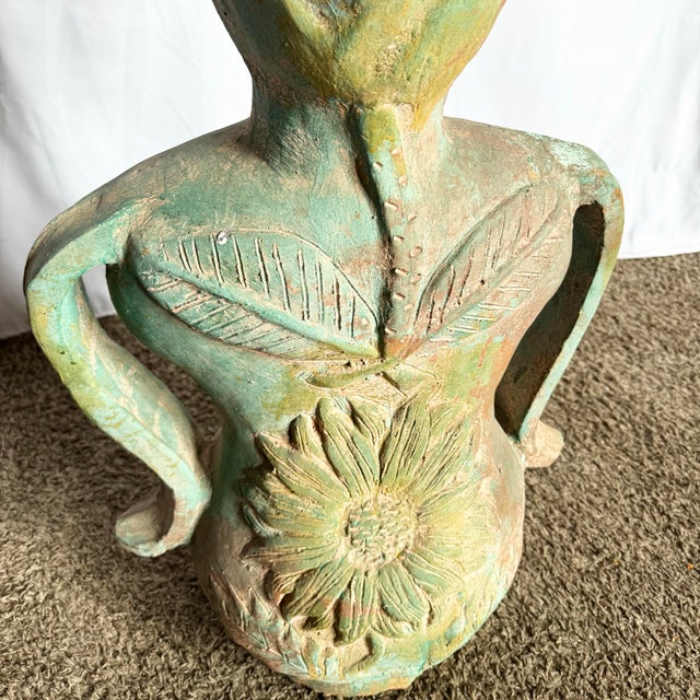 Vintage Sculpted Female Form Ceramic Vase With Sunflower and Leaf Motif For Sale In Miami - Image 6 of 9