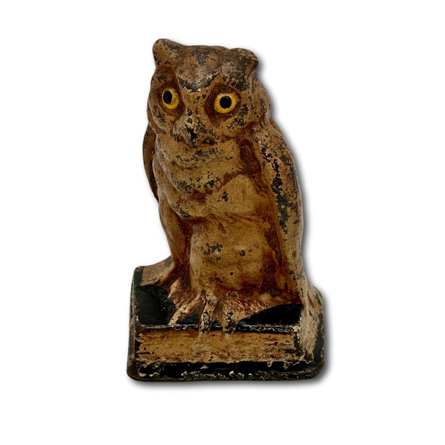 Figurative Unusual Antique American Cast Iron Wise Old Owl Sitting on a Book Figurative Doorstop - Circa 1920s. For Sale - Image 3 of 18