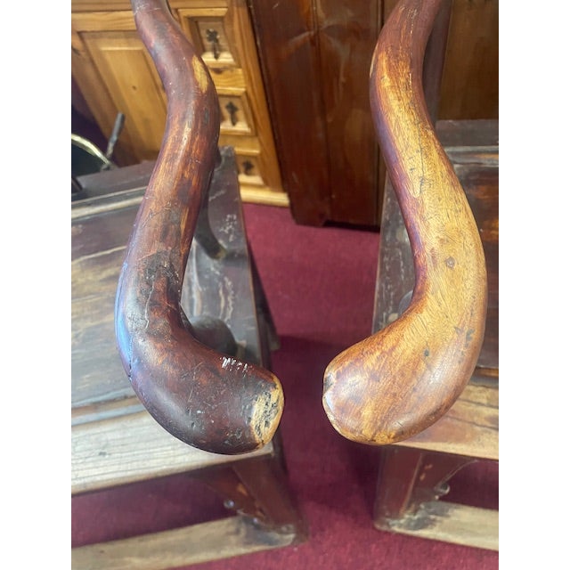 Burnt Umber Vintage Pair Oriental Wooden Yoke Back Scholar Cap Arm Chairs Carved W/ Cut Out Design Back For Sale - Image 8 of 18