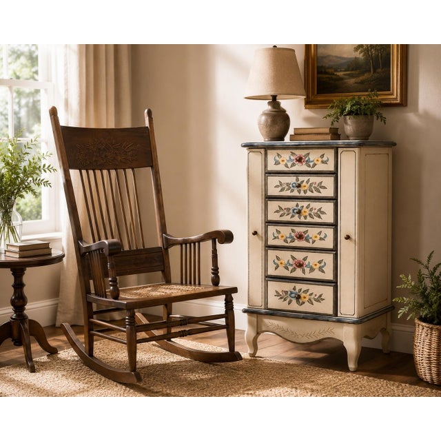 Wood Vintage Arts & Crafts Carved Oak High-Back Rocking Chair With Cane Seat &Arms For Sale - Image 7 of 7