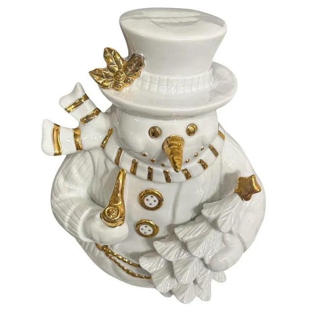 Ceramic Vintage White Ceramic Snowman Figurine Adorned With 24k Gold For Sale - Image 7 of 7