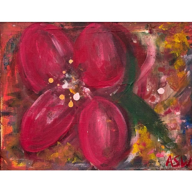 Ruby Red Ameryllis Study 3 - Miniature Abstract Floral Canvas Art by Contemporary Artist 2005 For Sale - Image 8 of 12