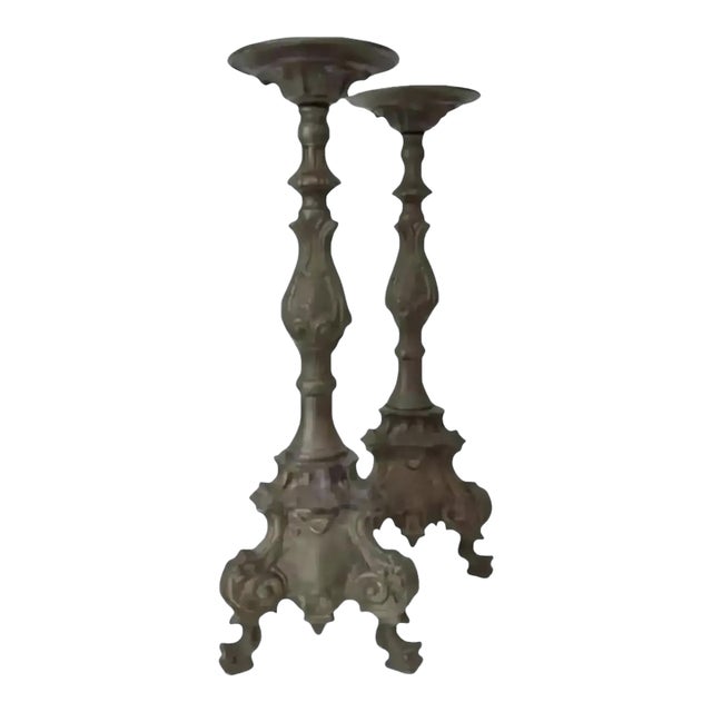 Vintage Bronze Altar Style Candle Holders- A Pair For Sale