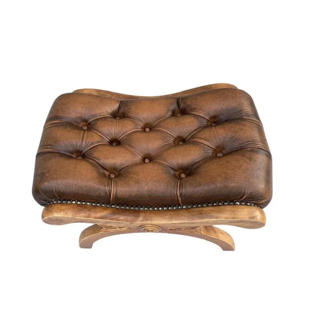 Wood Chesterfield Ottoman in Carved Wood and Leather, 1960s For Sale - Image 7 of 16