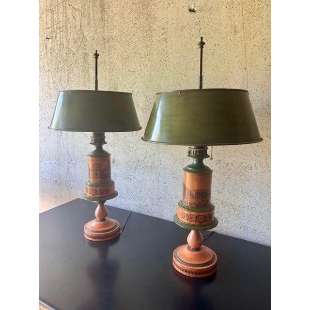 Grand Tour 1940s French Neoclassical Painted Tole Table Lamps With Metal Shades - a Pair For Sale - Image 3 of 12