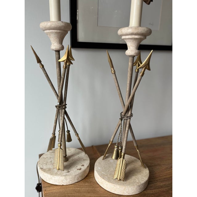 Ecru Mid 20th Century French Arrow & Tassel Lamps on Travertine Bases With Original Fabric Shades-a Pair For Sale - Image 8 of 12