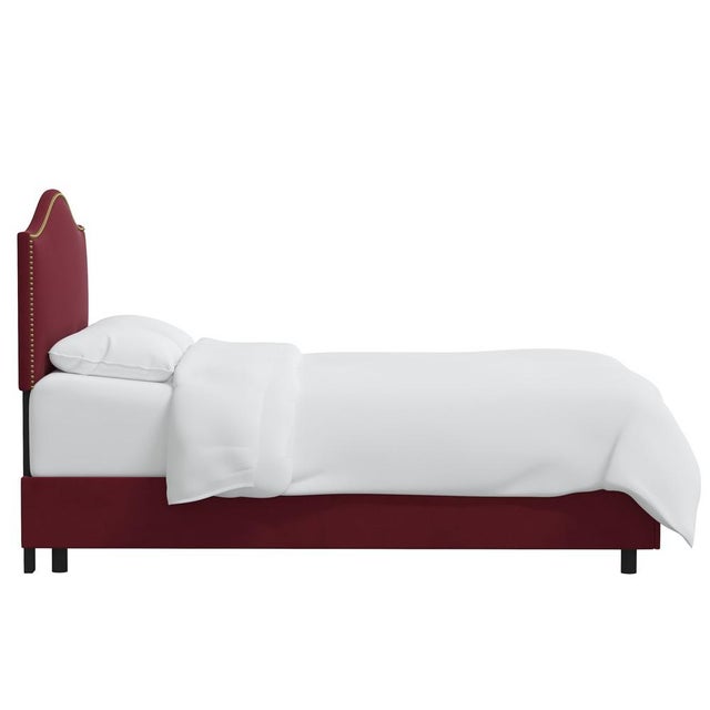 Contemporary Twin Camelback Bed in Velvet Berry with Brass Nails For Sale - Image 3 of 6