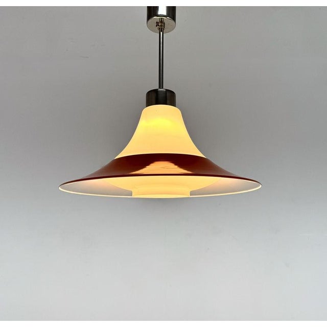Vintage small pendant light made of chrome and opaline glass with orange metal ring. Good vintage condition. Up to 250V...