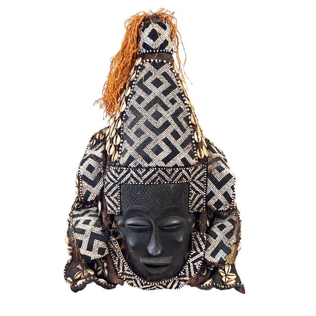 Vintage Large African Tribal Beaded Kuba Royal Head Mask/Helmet Congo 22" H For Sale In New York - Image 6 of 13