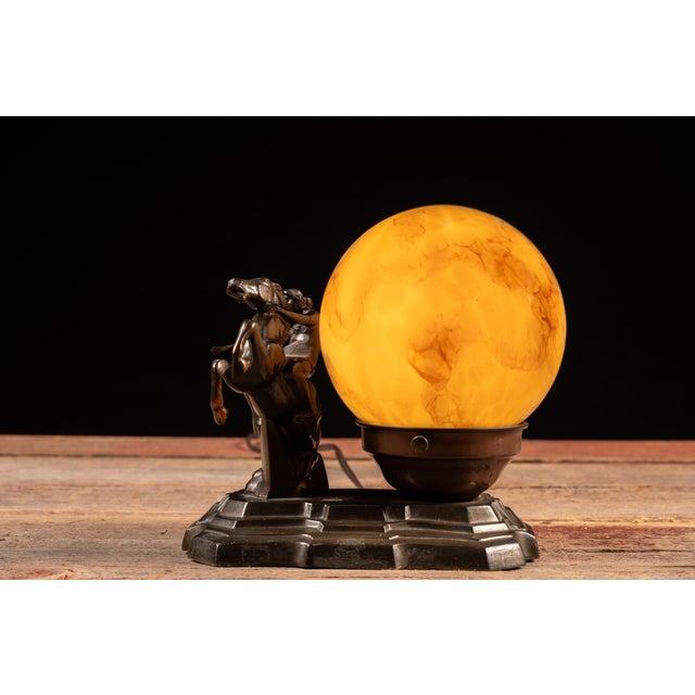 Art Deco Early 20th Century Art Deco Figural Equestrian Lamp With Marbled Glass Globe For Sale - Image 3 of 6
