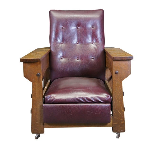 Antique Edwardian Mission / Arts & Crafts Morris Slumber chair by Streit Mfg Co, circa 1908. Made of quartersawn oak...