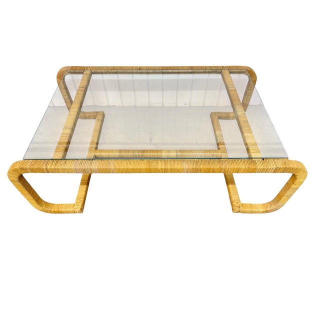 Mid-Century Modern Rattan Wrapped Glass Top Coffee Table For Sale - Image 4 of 5