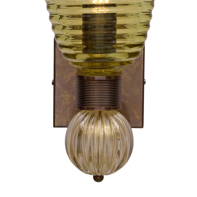 Murano Olive Green Glass and 24 Carat Gold Avventurine Sconces - a Pair For Sale - Image 4 of 10