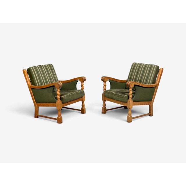 Henning Kjaernulf Style, Lounge Chairs, Oak, Fabric, Denmark, 1970s For Sale - Image 4 of 12