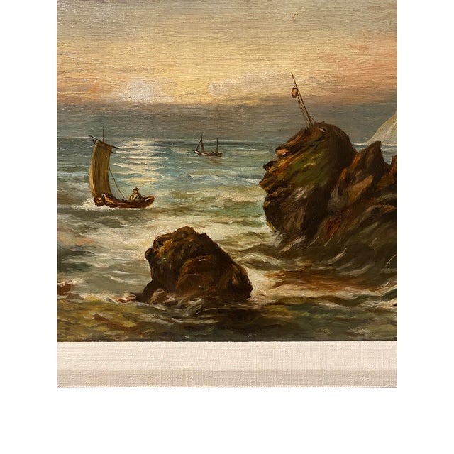 Blue Mid-Century Sea Oil Painting With Linen Frame For Sale - Image 8 of 9