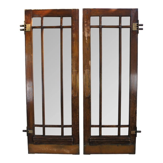 Set of 2 Reclaimed Mid-Century Oak Mission Craftsman Beveled Glass French Swing Double Doors For Sale