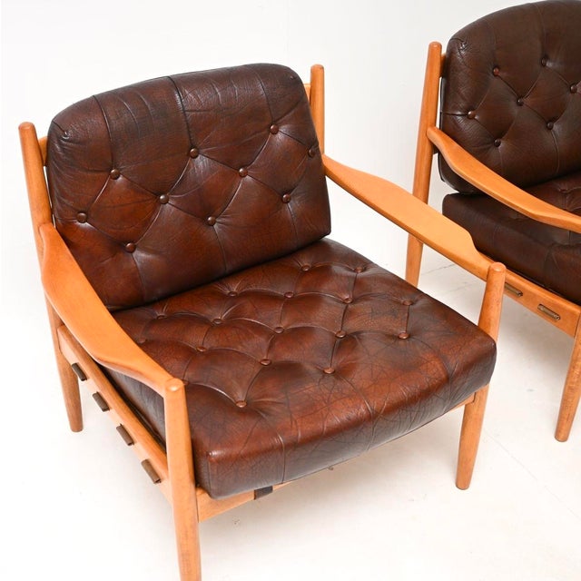 Vintage Swedish Leather and Birch Lounge Chairs attributed to Ingemar Thillmark for Ope, 1960s, Set of 2 For Sale - Image 6 of 11