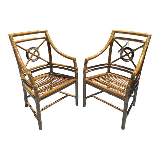 Pair of Authentic McGuire Target Back Vintage Rattan Armchairs For Sale
