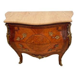 Antique French Bombe Nightstand, Commode Chest of Drawers, Inlays, Marble Top For Sale