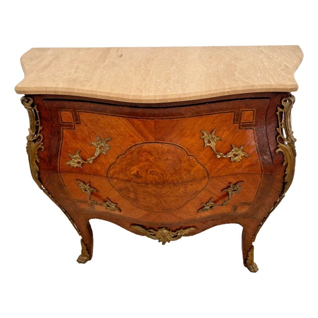 Antique French Bombe Nightstand, Commode Chest of Drawers, Inlays, Marble Top For Sale