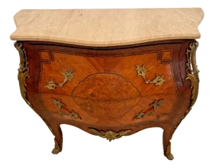 Antique French Bombe Nightstand, Commode Chest of Drawers, Inlays, Marble Top