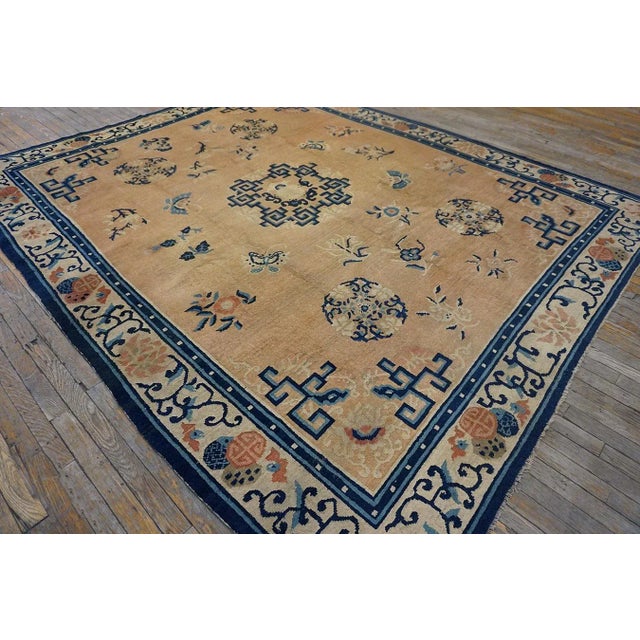 1900s Beige Medallion Floral Antique Chinese Ningxia Carpet 8' X 9'6" Knotted Wool Rug For Sale - Image 4 of 14