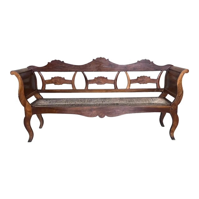 20th Century Catalan Bench in Walnut With Caned Seat For Sale