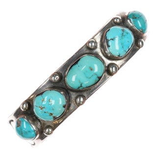 7" Vintage Navajo Sterling and turquoise row bracelet For Sale