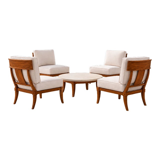 Teak Klismos Patio Lounge Chairs Set of 4 For Sale