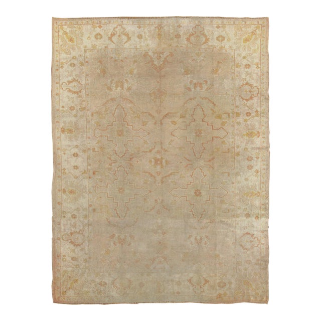 Antique Oushak Carpet, Handmade Turkish Oriental Rug, Beige, Taupe, Soft Shrimp For Sale