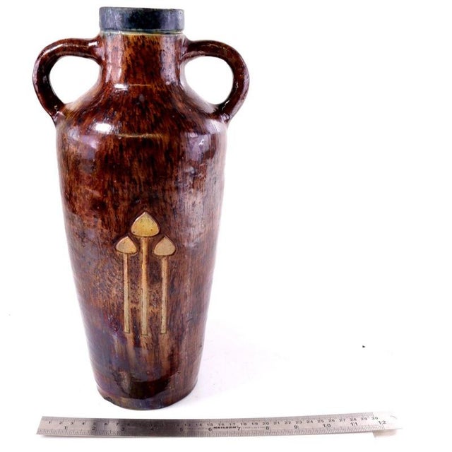 Antique Belgian Majolica Art Pottery Twin-Handled Vase with Toadstool Motif For Sale - Image 13 of 14