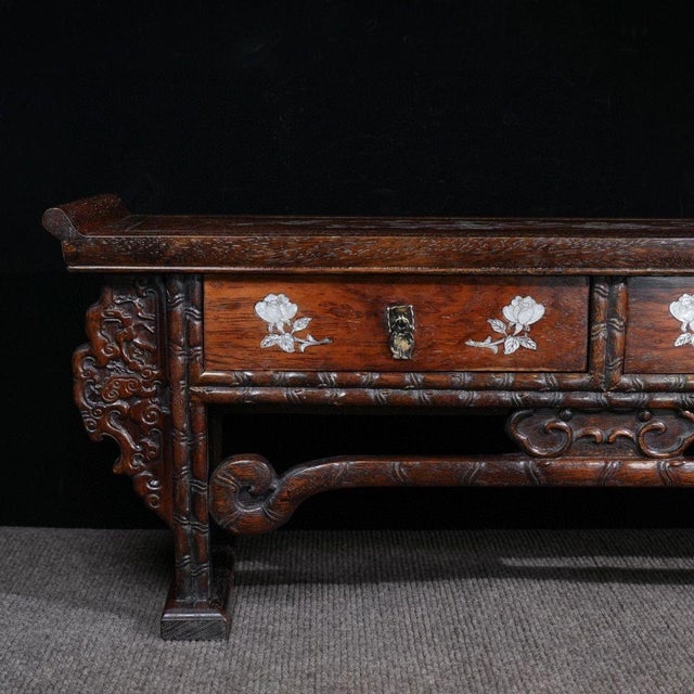 1980s Chinese Rosewood Table With Mother-of-Pearl Inlay and Two Drawers For Sale - Image 4 of 10