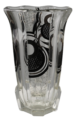 Art Deco Glass Vase with Black Graphic Decoration, France, 1940s