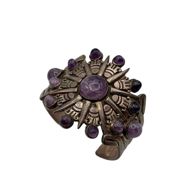1940's Taxco William Spratling Silver With Amethyst Sun Motif Cuff Bracelet For Sale - Image 14 of 14
