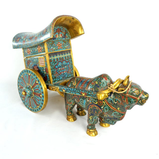 Late 20th Century Chinese Brass Gilt Ox Drawn Cart With Cloisonné and Enamel 20th Century For Sale - Image 5 of 18
