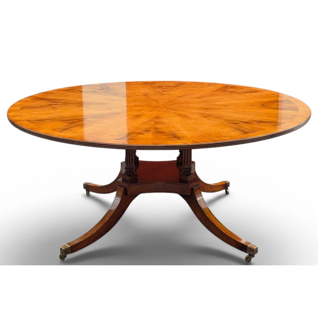 72" English Regency Revival Figured Elm Sunburst Center Pedestal Dining Table on Brass Casters For Sale - Image 15 of 16