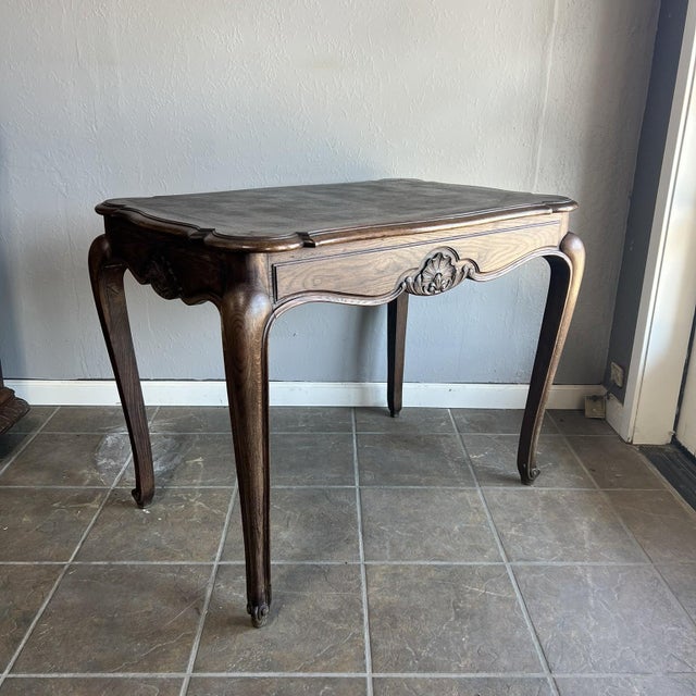 French Vintage French Oak Parquet Side Table With Carved Details For Sale - Image 3 of 4