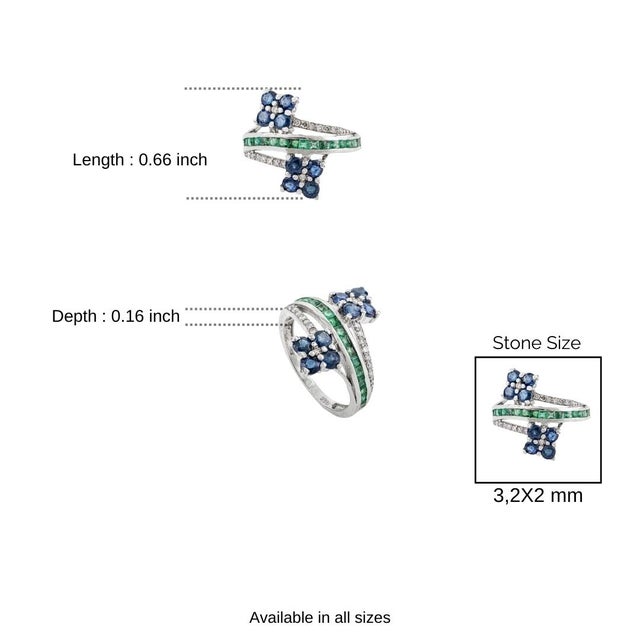 925 Silver Emerald, Sapphire & Diamond Double Flower Bypass Designer Anniversary Ring - Size 7 For Sale - Image 10 of 12