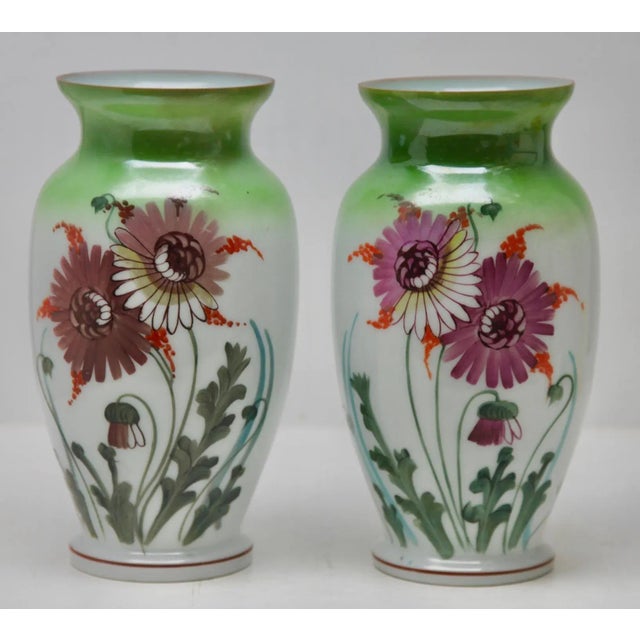 Art nouveau Pair handmade and Hand painted opaline vase, France 1920s Handmade and hand-glazed in brilliant coloured with...