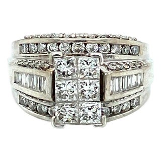 Mid 20th Century Diamond 14k White Gold 3 Row Band Engagement Ring - Size 6.5 For Sale