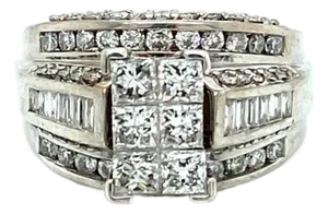 Mid 20th Century Diamond 14k White Gold 3 Row Band Engagement Ring - Size 6.5